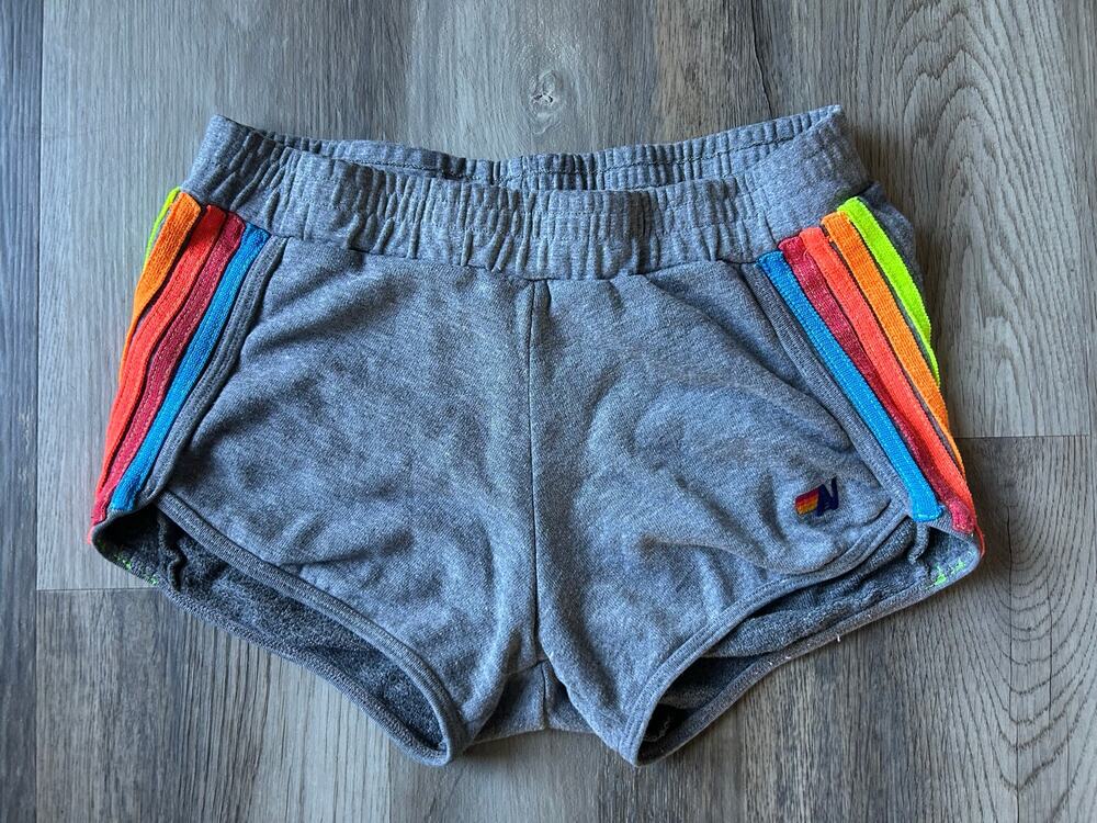 Aviator Nation 5 Stripe Lounger Shorts Heather Grey Rainbow Velvet Retro